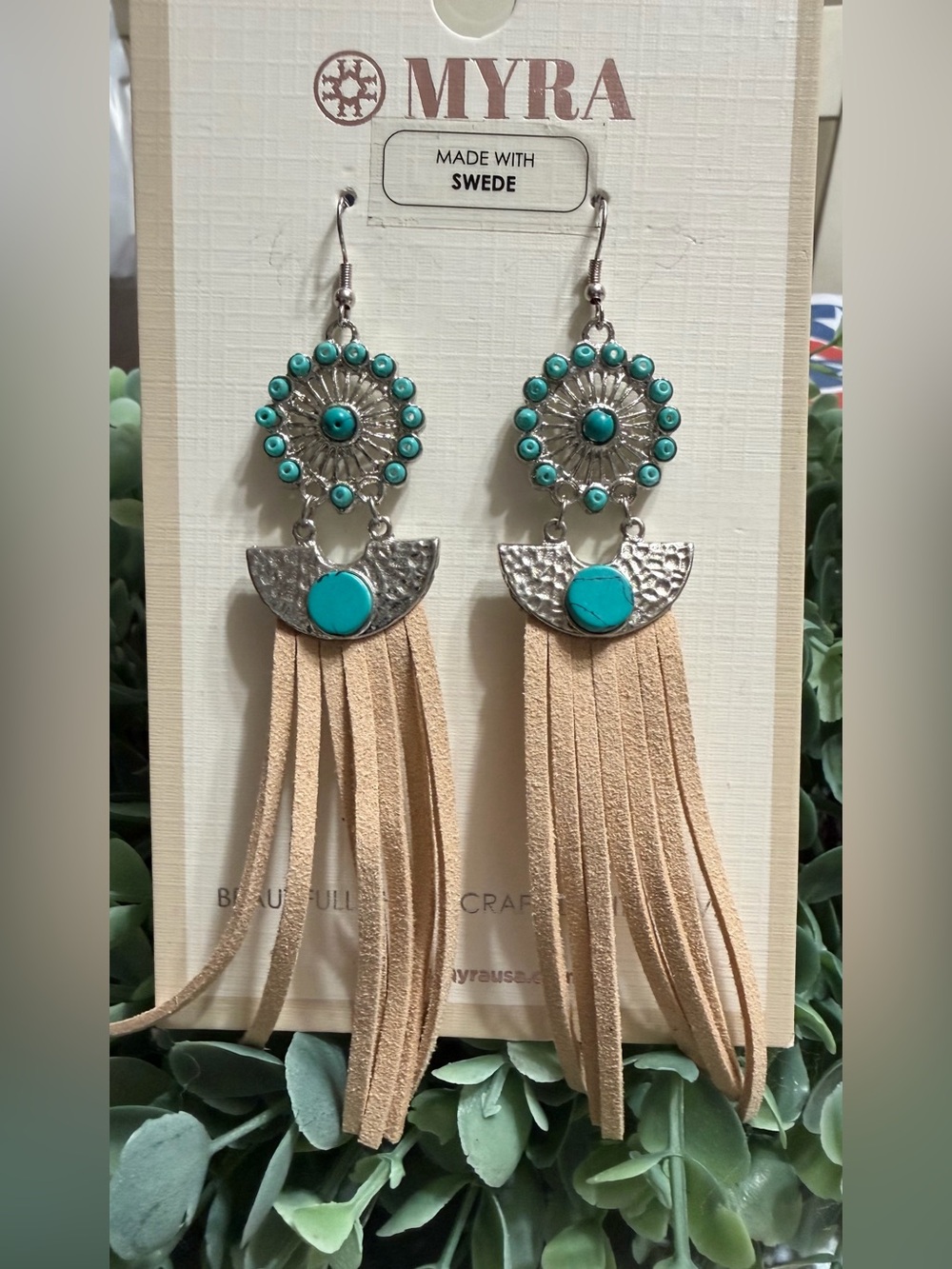 Myra Bag Turquoise Stone and Tan Suede Fringe Earrings